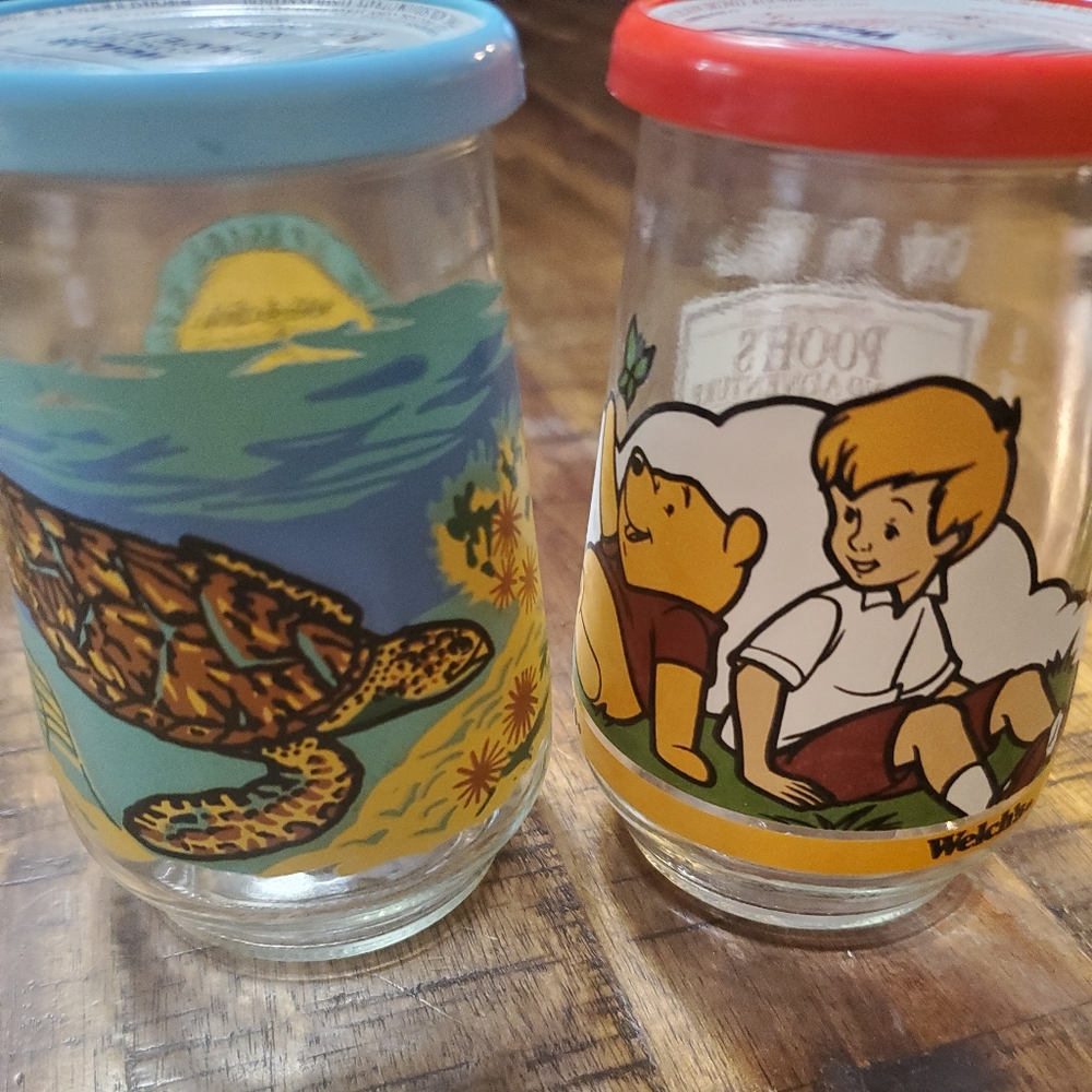 2 Welch's 10 oz. Jelly Jars; Pooh's Grand Adventure and Hawksbill Sea Turtle